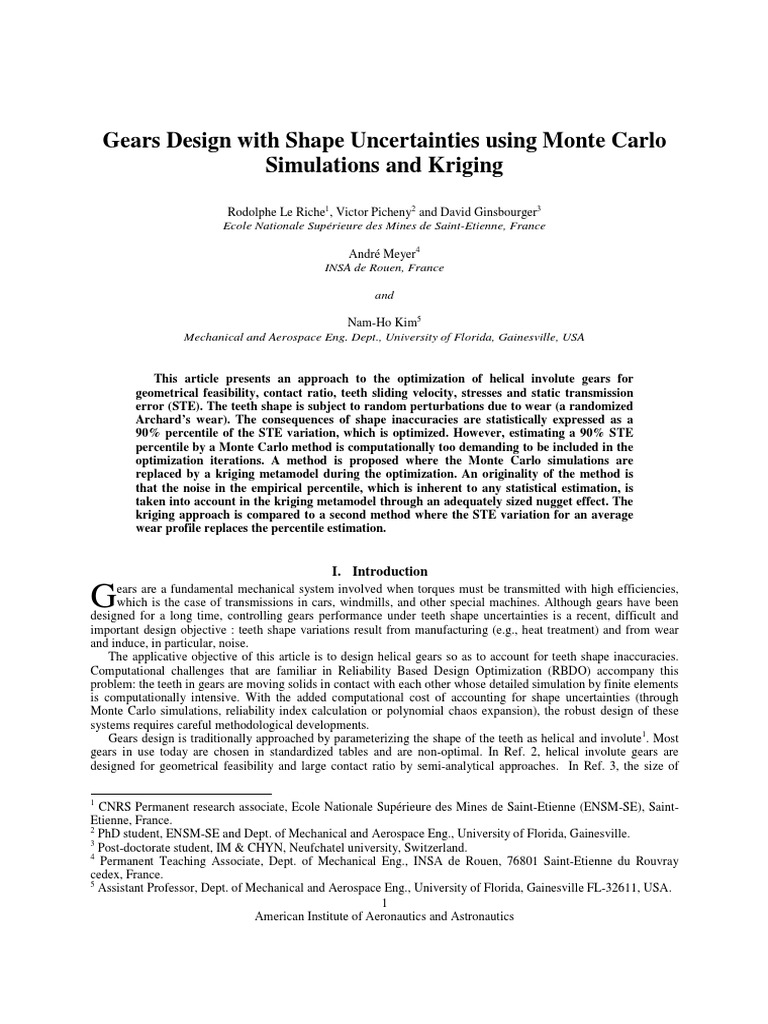 Gears Design With Shape Uncertainties Using Monte Carlo Simulations Descargar gratis PDF