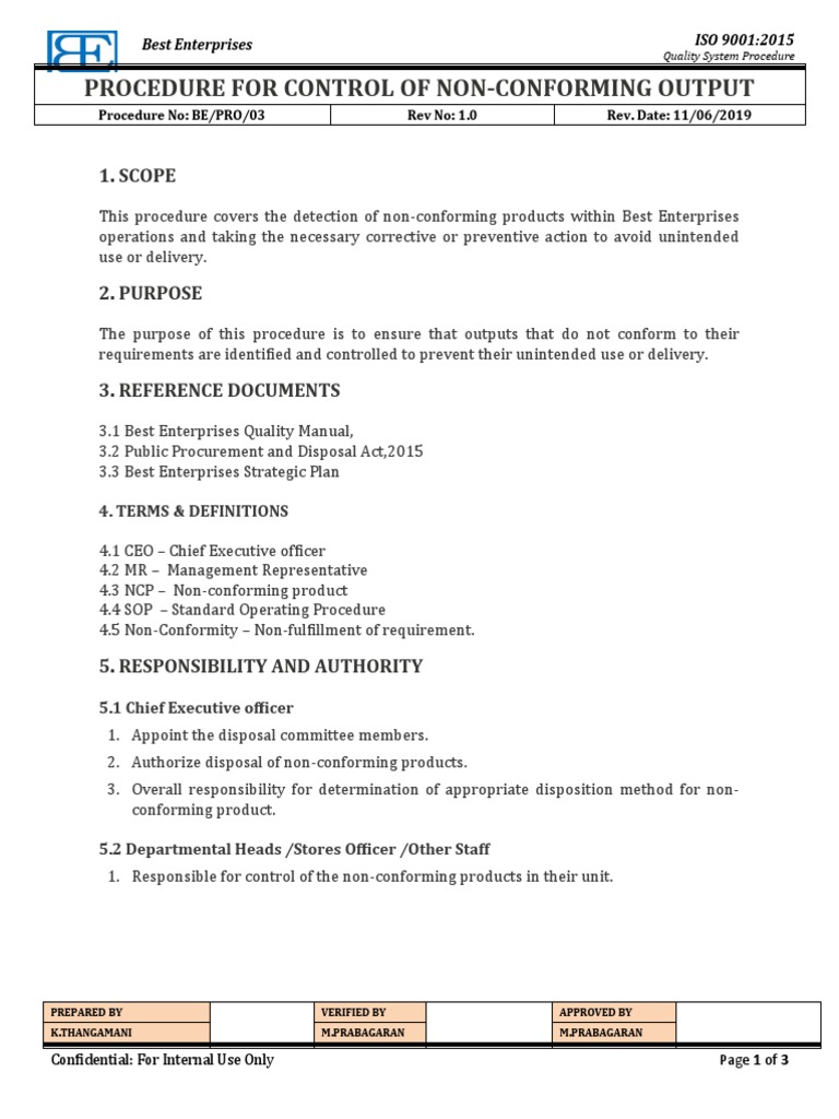 03 Procedure For Control of NonConforming Output PDF