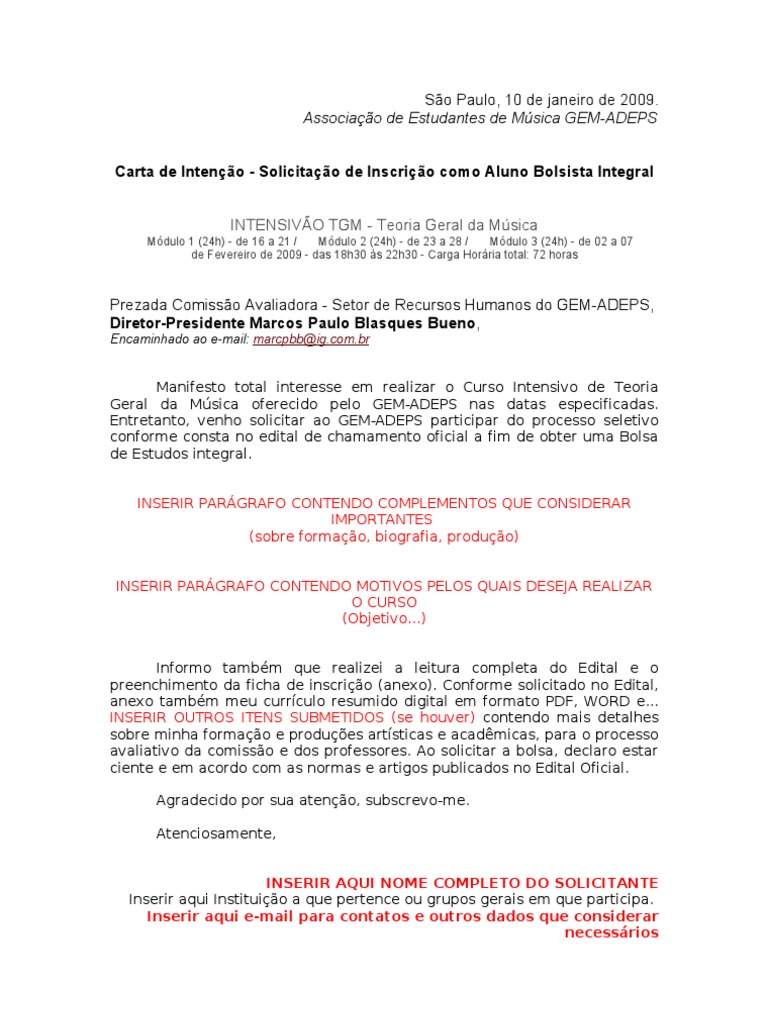 Modelo Carta de Intenção