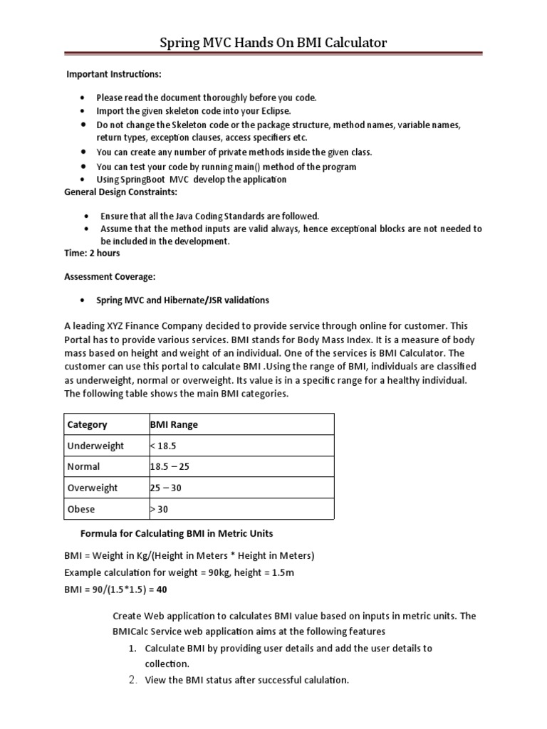 Spring MVC Hands On BMI Calculator: Important Instructions | PDF ...