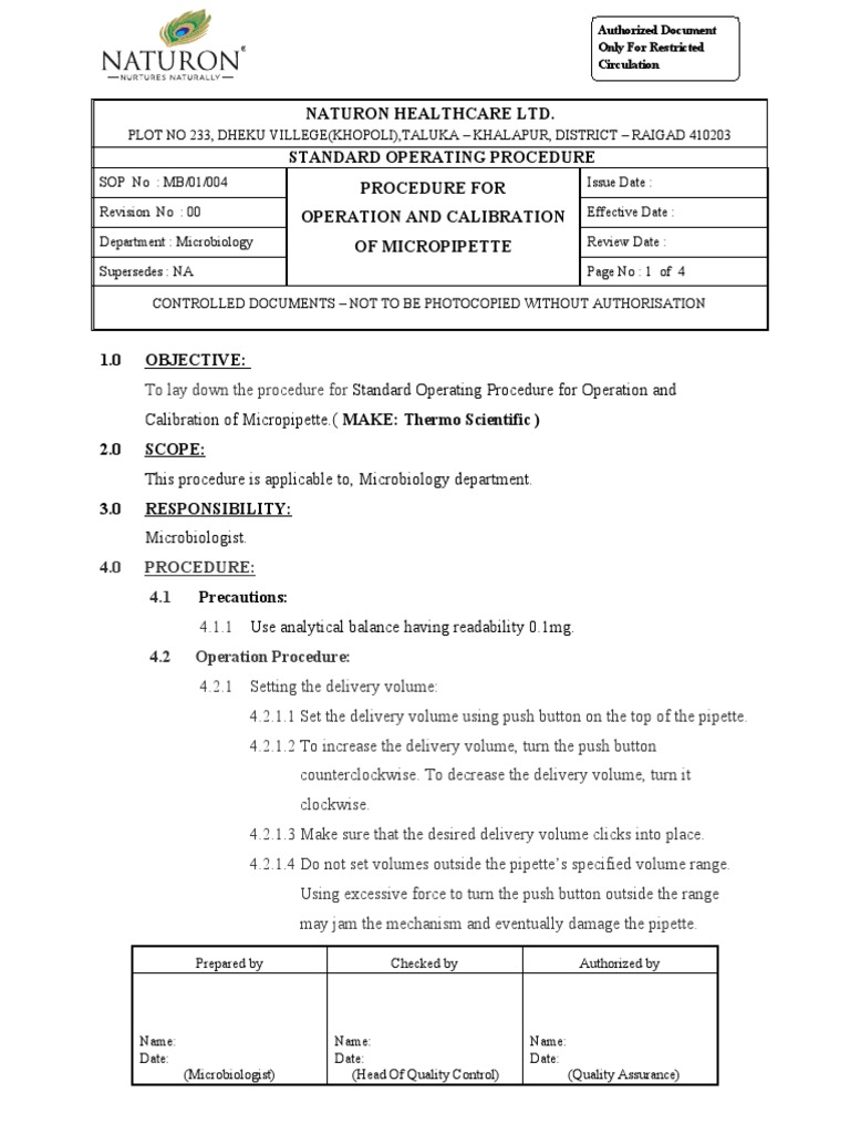 MB01004Procedure For Operation and Calibration of Micropipette. ( PDF