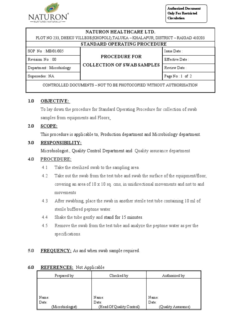 Swab Sample Collection SOP | PDF