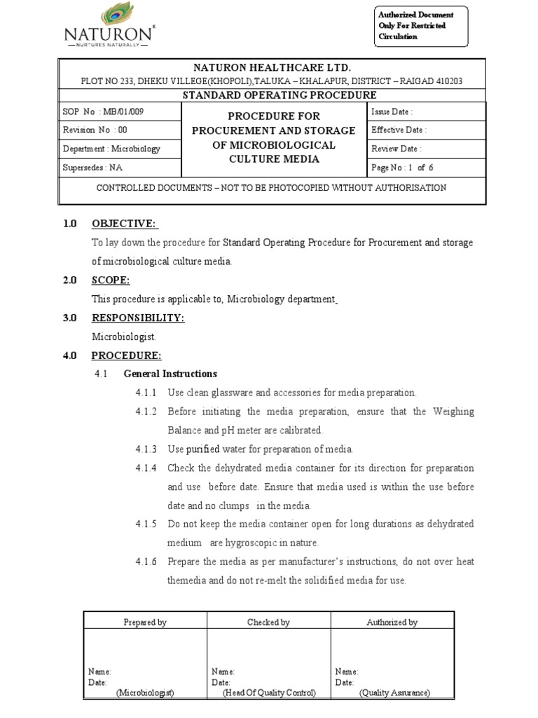 MB01009Procurement and Storage of Microbiological Culture Media