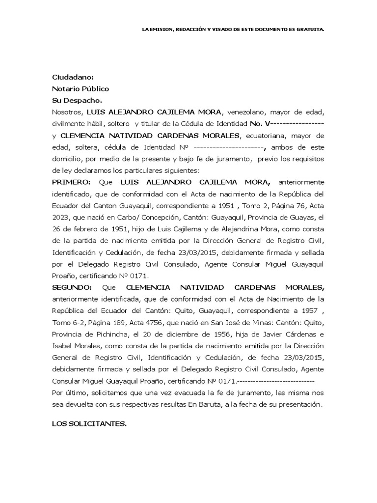 Carta de Fe de Juramento PDF