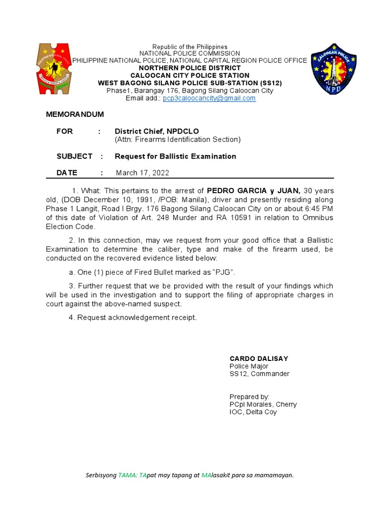 1.request For Ballistic Examination For Determination of Caliber and