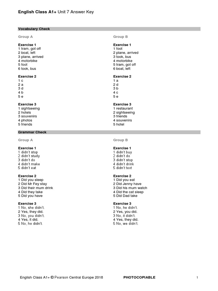 EC - A1P - Answer Key Unit 7 | PDF