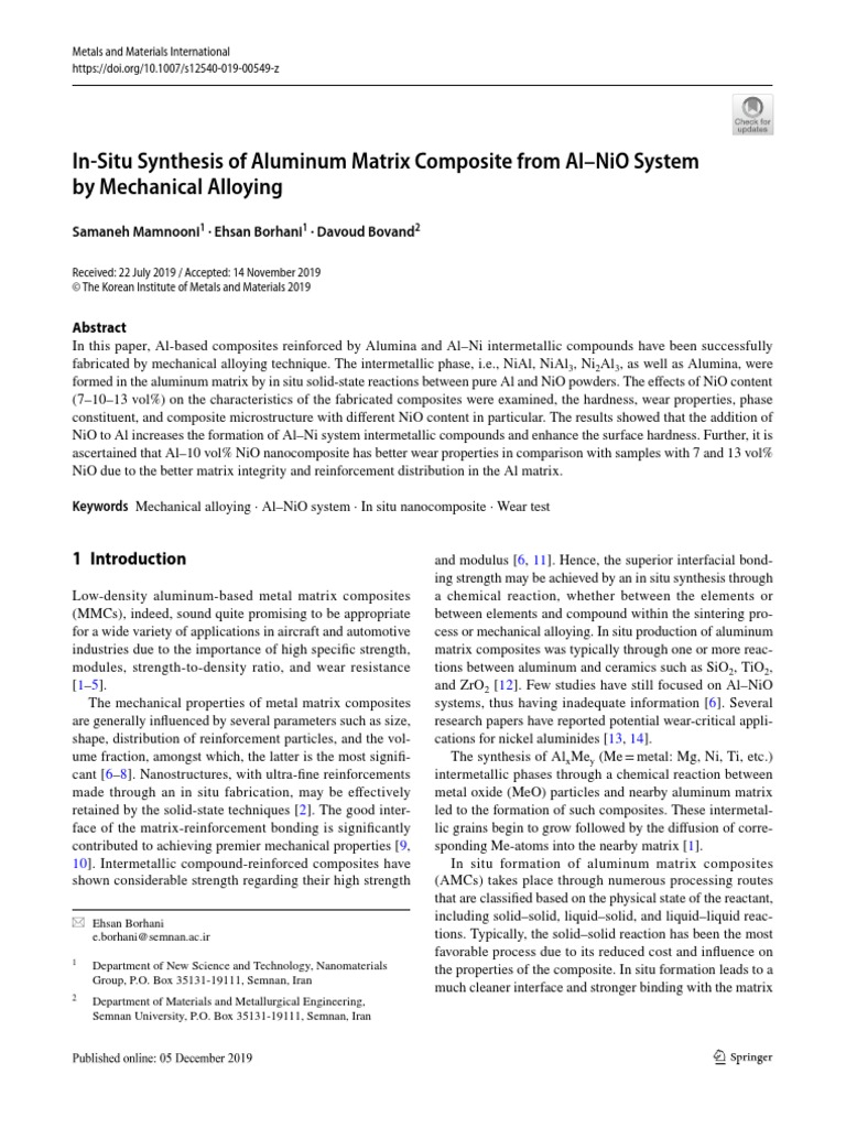 In Situ Synthesis of Aluminum Matrix Composite From Al-Nio System by ...