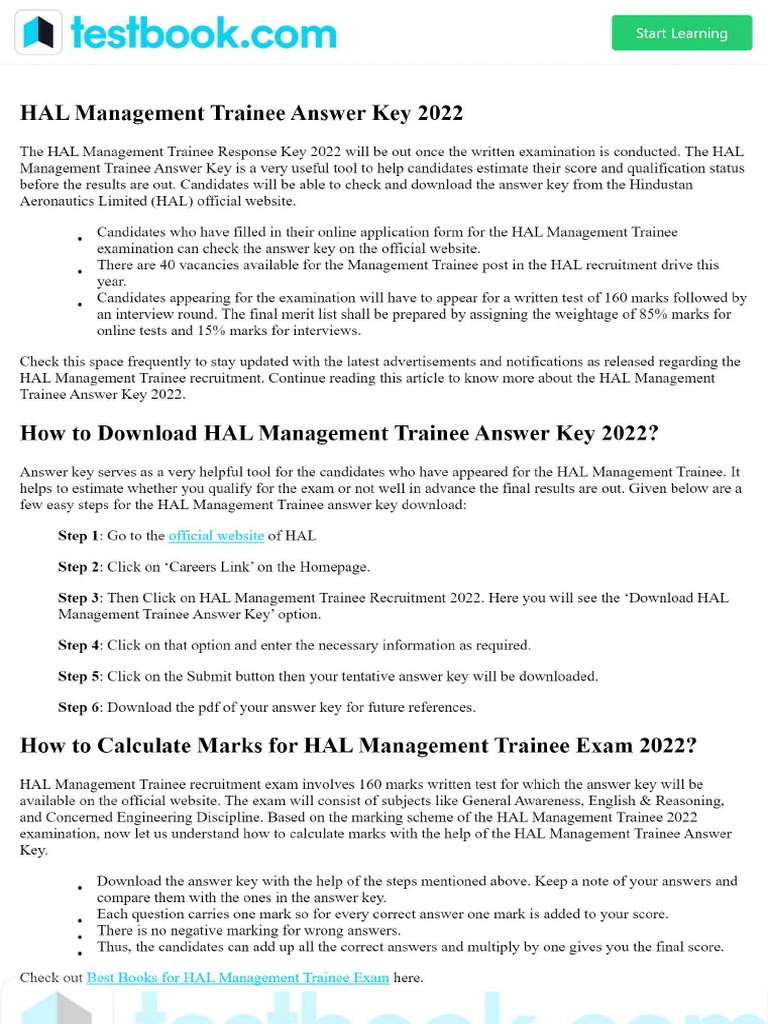 HAL Management Trainee Answer Key 2022 | PDF