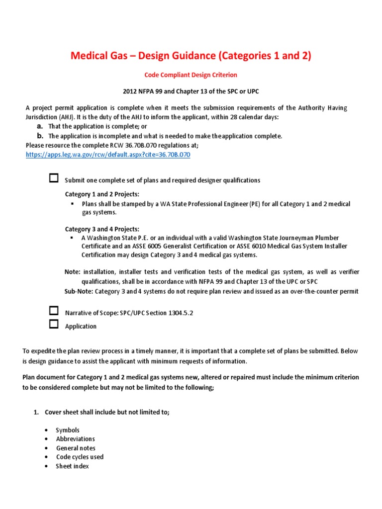Medical Gas Design Guidance (Categories 1 and 2) Code Compliant Design Criterion Download