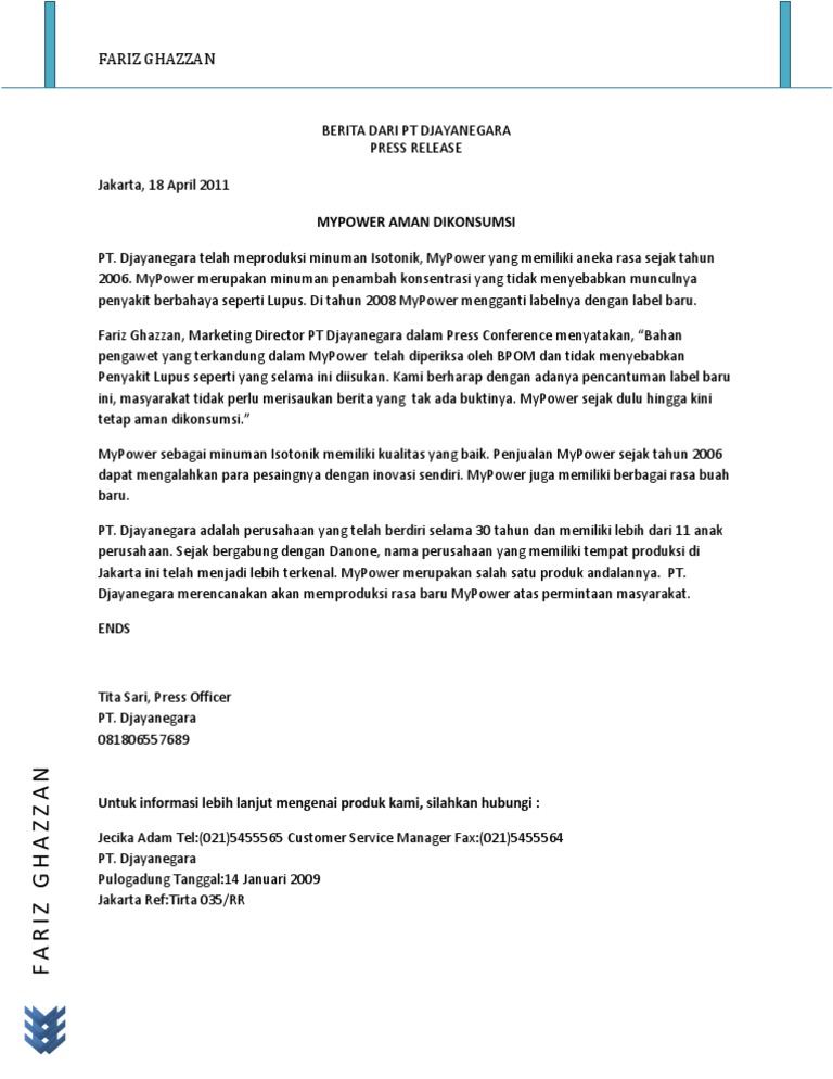 Contoh Press Release | PDF | Kesehatan Holistik