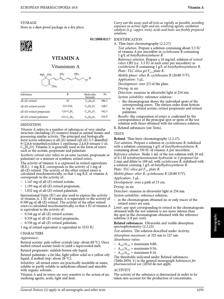 Vitamin A Monograph Overview | PDF