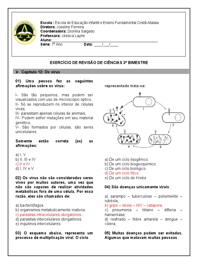 Exercícios sobre Vírus e Bactérias 7º Ano | PDF | Plantas | Vírus