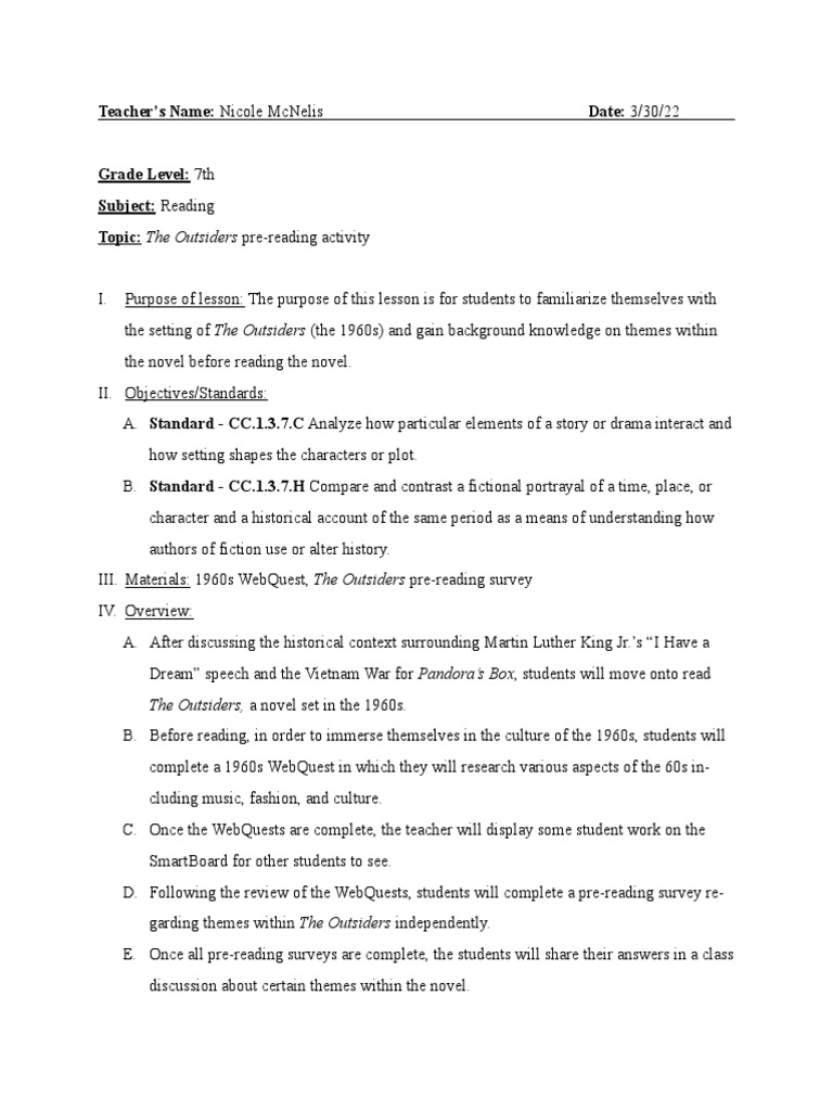 7th Grade The Outsiders PreReading PDF