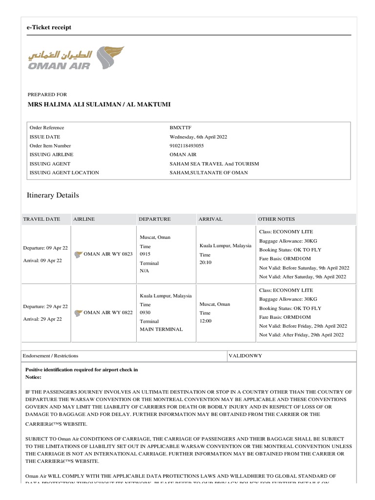 Itinerary Details ETicket Receipt PDF Oman Airlines