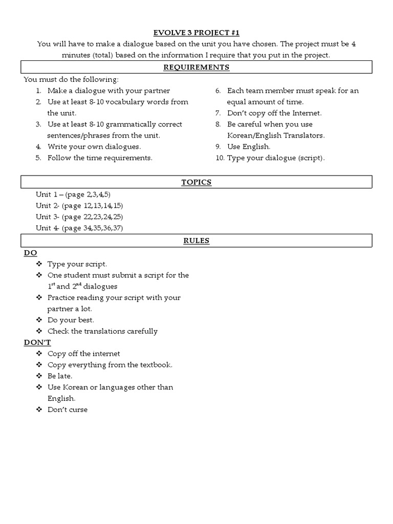 Evolve 3 Dialogue Project Guidelines | PDF | Language Arts & Discipline ...