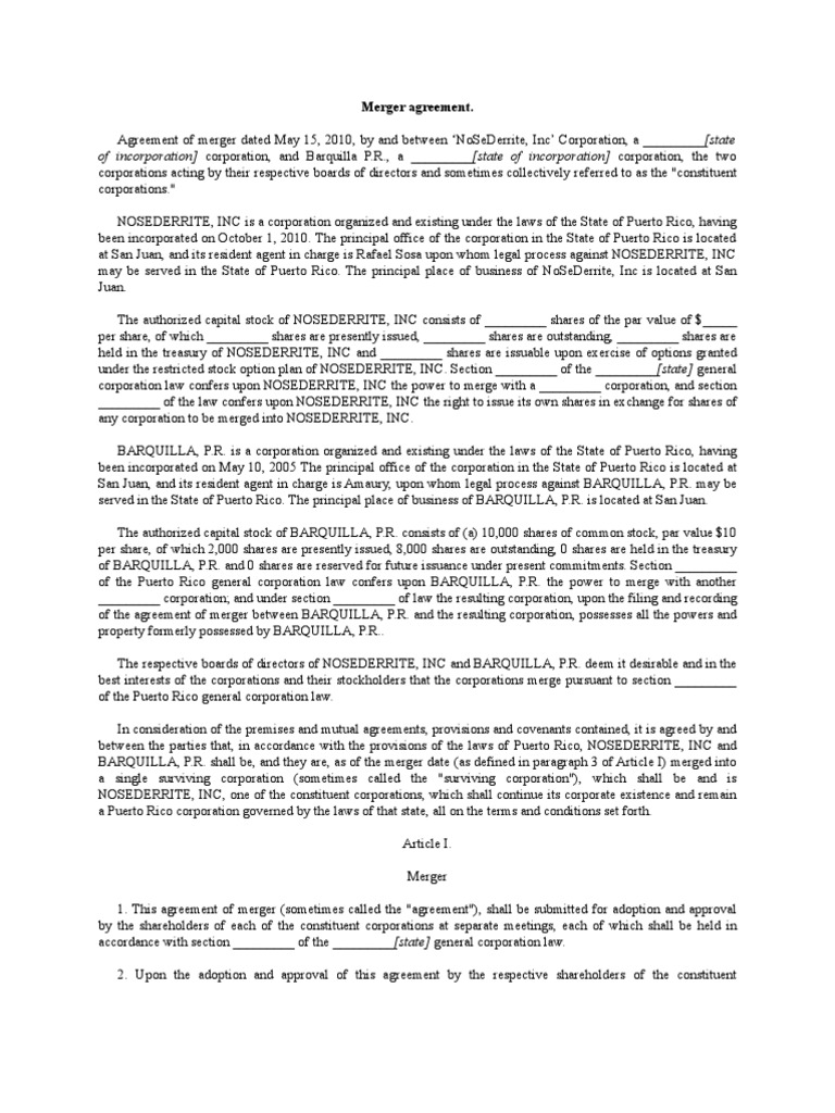 Merger Agreement: NoSeDerrite & Barquilla | PDF | Corporations | Stocks