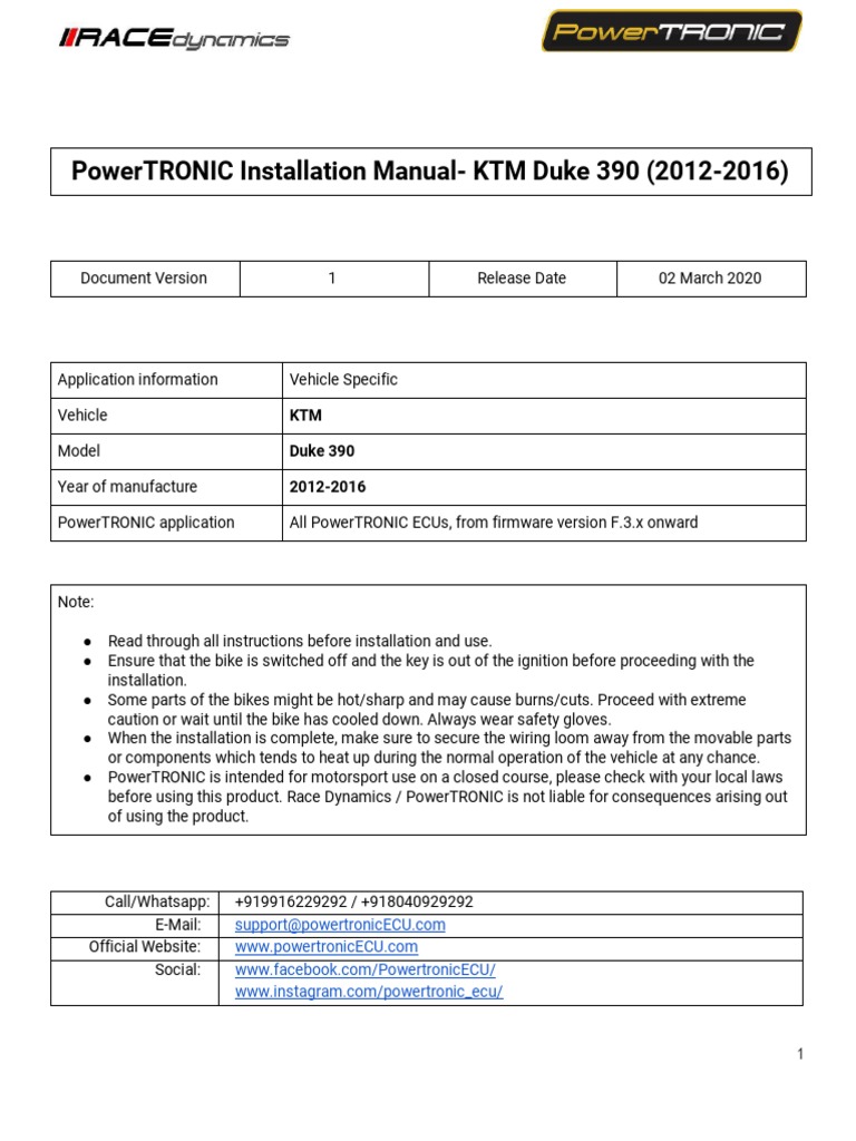 Powertronic Installation Manual-Ktm Duke 390 (2012-2016) | PDF