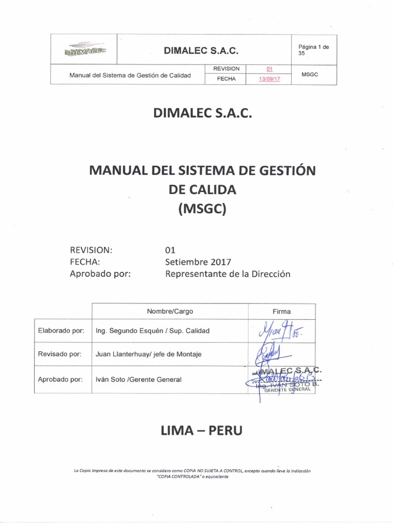 Manual de Calidad DIMALEC S.A.C. | PDF | Sistema de manejo de calidad ...