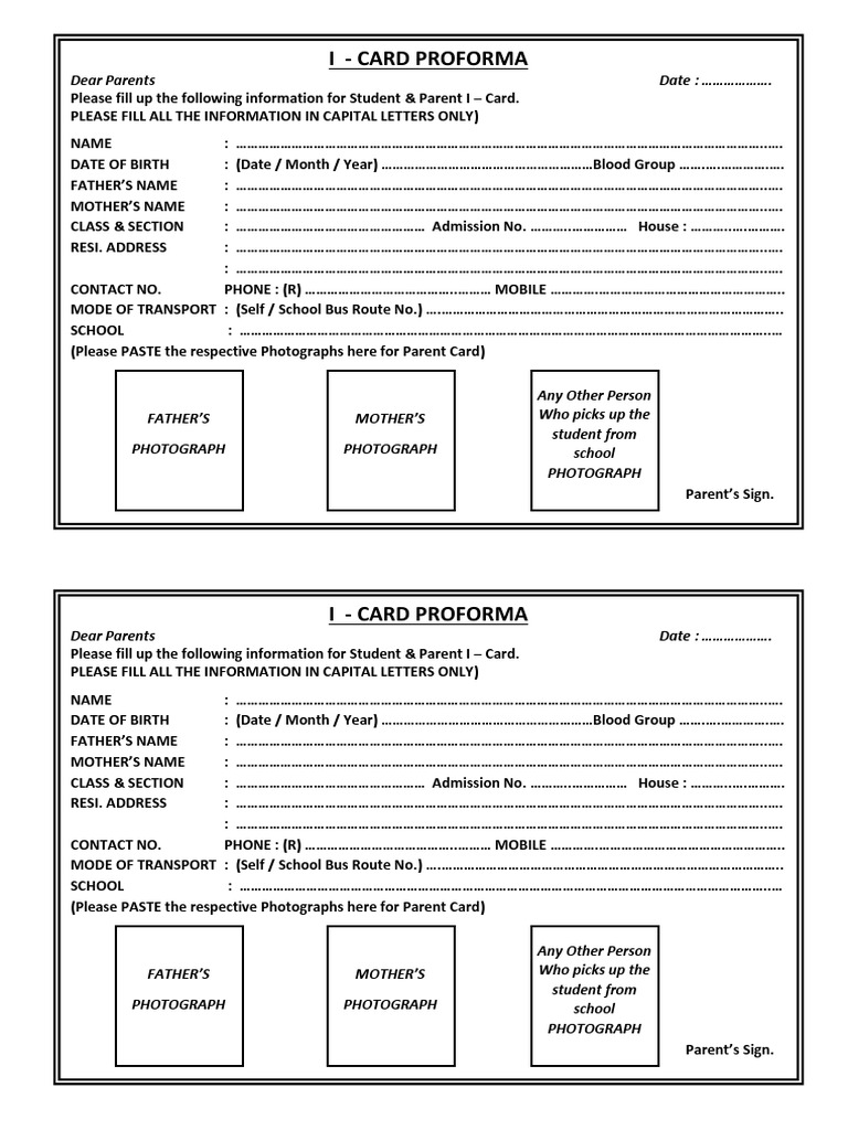 I - Card Proforma: Dear Parents | PDF | Service Industries ...