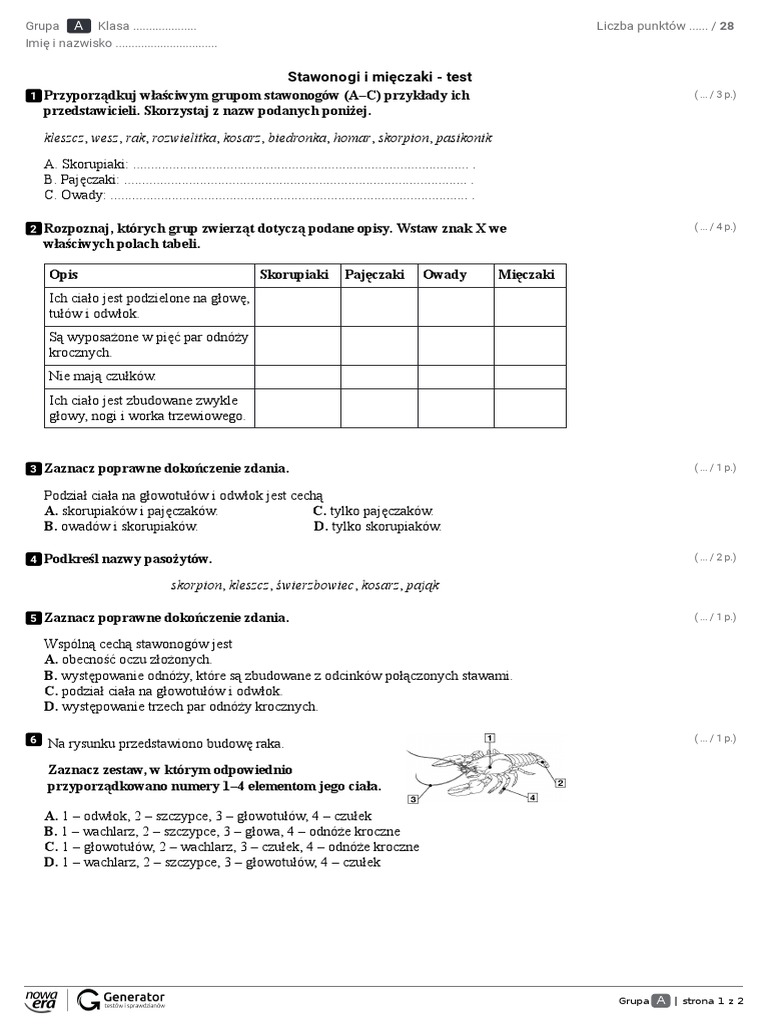 Testy Z Biologi Klasa 6 stawonogi i mięczaki test kl6 | PDF