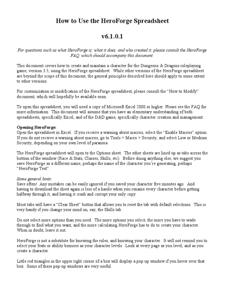 HeroForge Spreadsheet Guide for D&D 3.5 | PDF | Gary Gygax Games ...