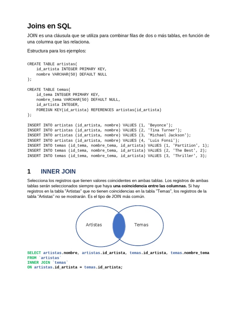 Ejemplos de Joins en SQL | PDF | SQL | Bases de datos