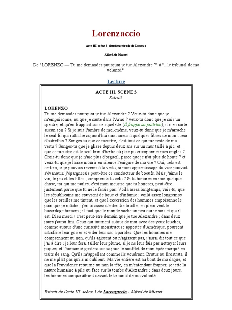 Commentaire Composé Lorenzaccio Acte 3 Scène 3 Lorenzaccio Acte III, Scène 3 | PDF