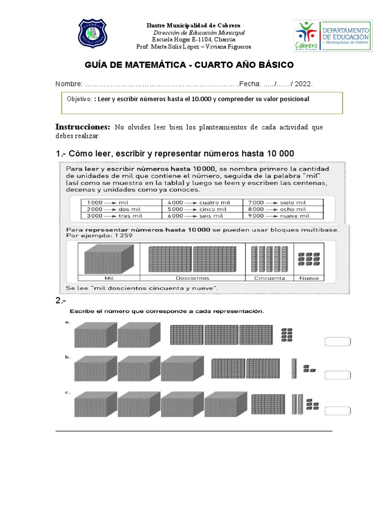 Guía de Números hasta 10,000 para 4to Básico | PDF | Ciencias sociales ...