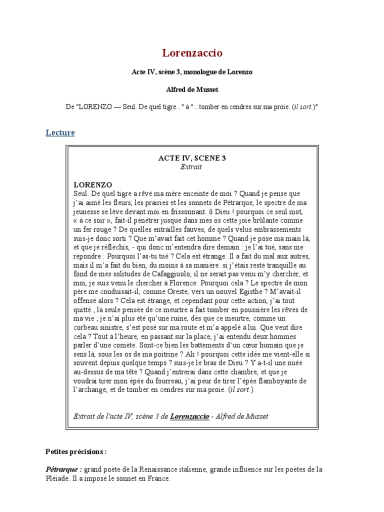 Commentaire Composé Lorenzaccio Acte 3 Scène 3 Lorenzaccio Acte IV, Scène 3 | PDF