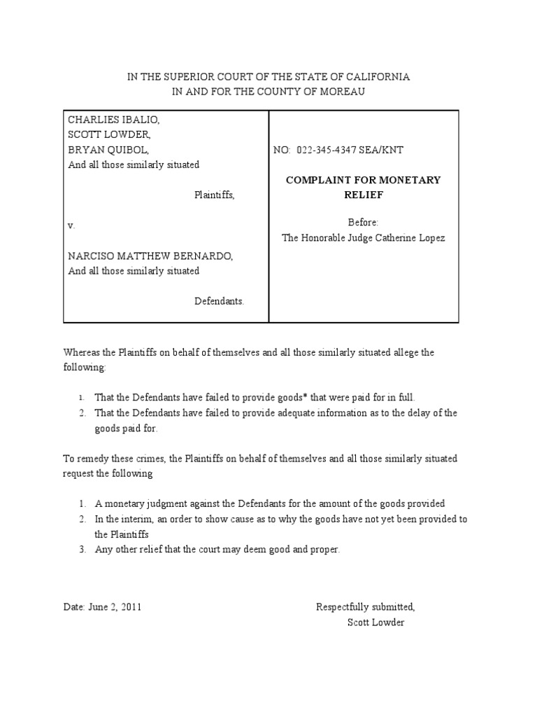 Complaint for Monetary Relief in CA Court | PDF
