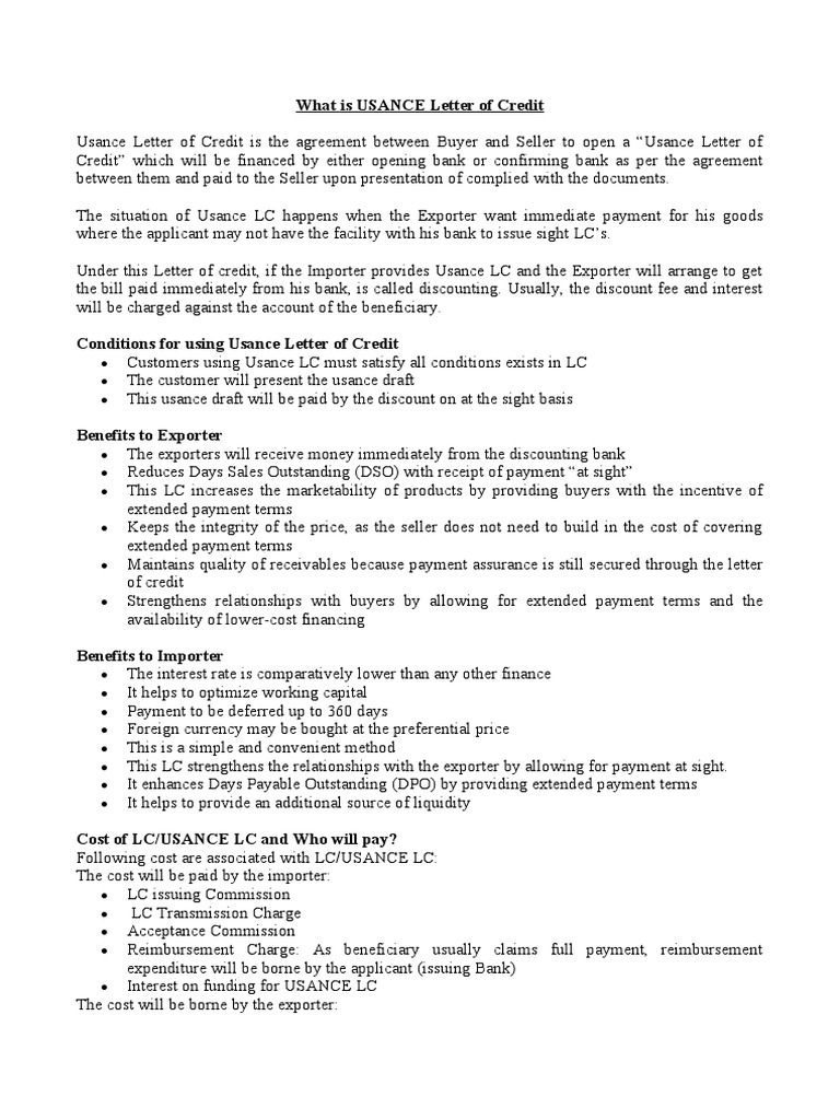 Usance Letter of Credit Explained | PDF | Letter Of Credit | Finance ...