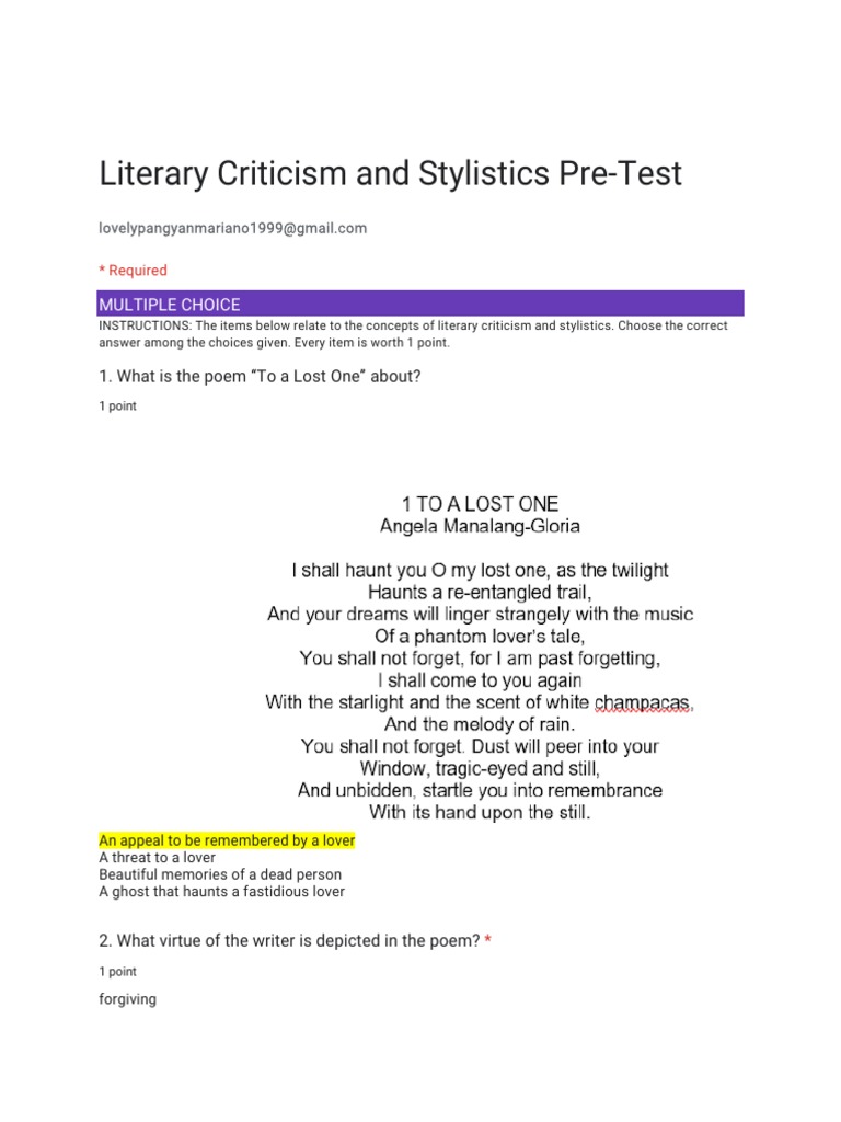 Literary Criticism and Stylistics PreTest An Analysis of Key Concepts