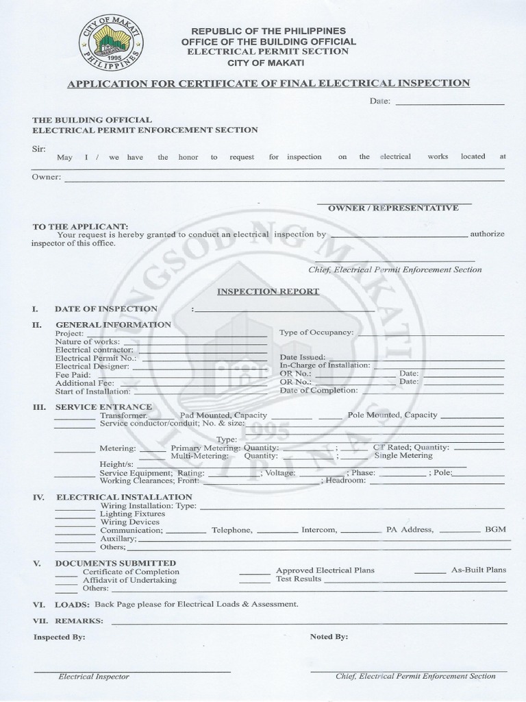 Applicatioh For Certificate of Final Electrical Inspection PDF