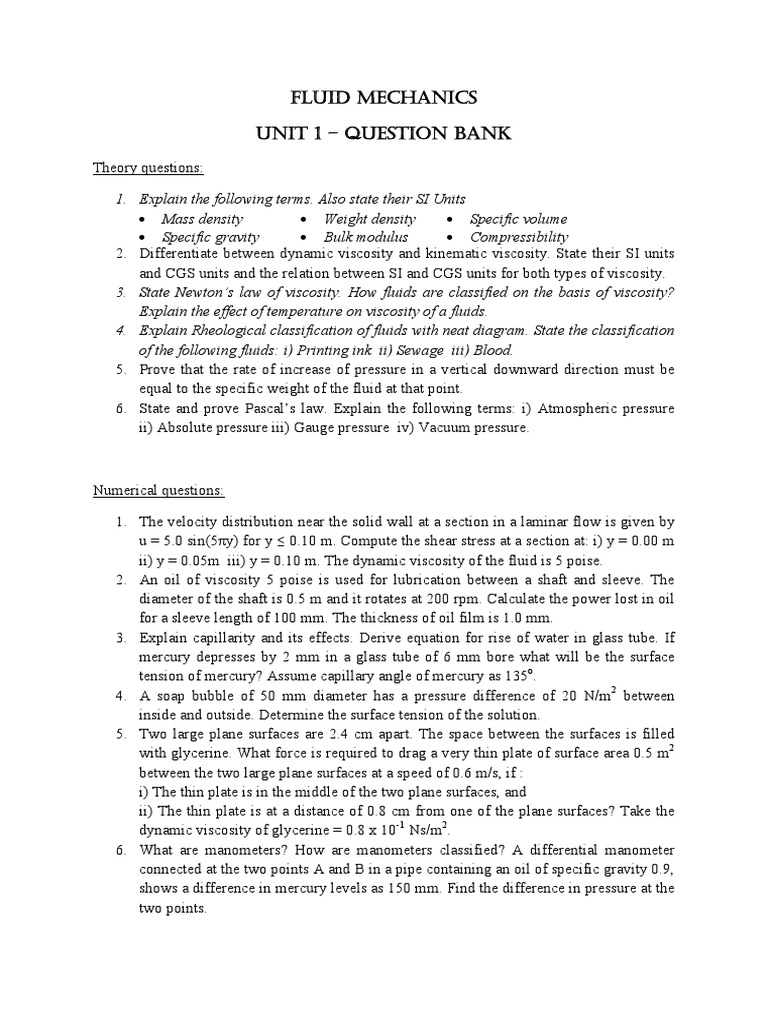 Fluid Mechanics Question Bank PDF | PDF | Viscosity | Pressure