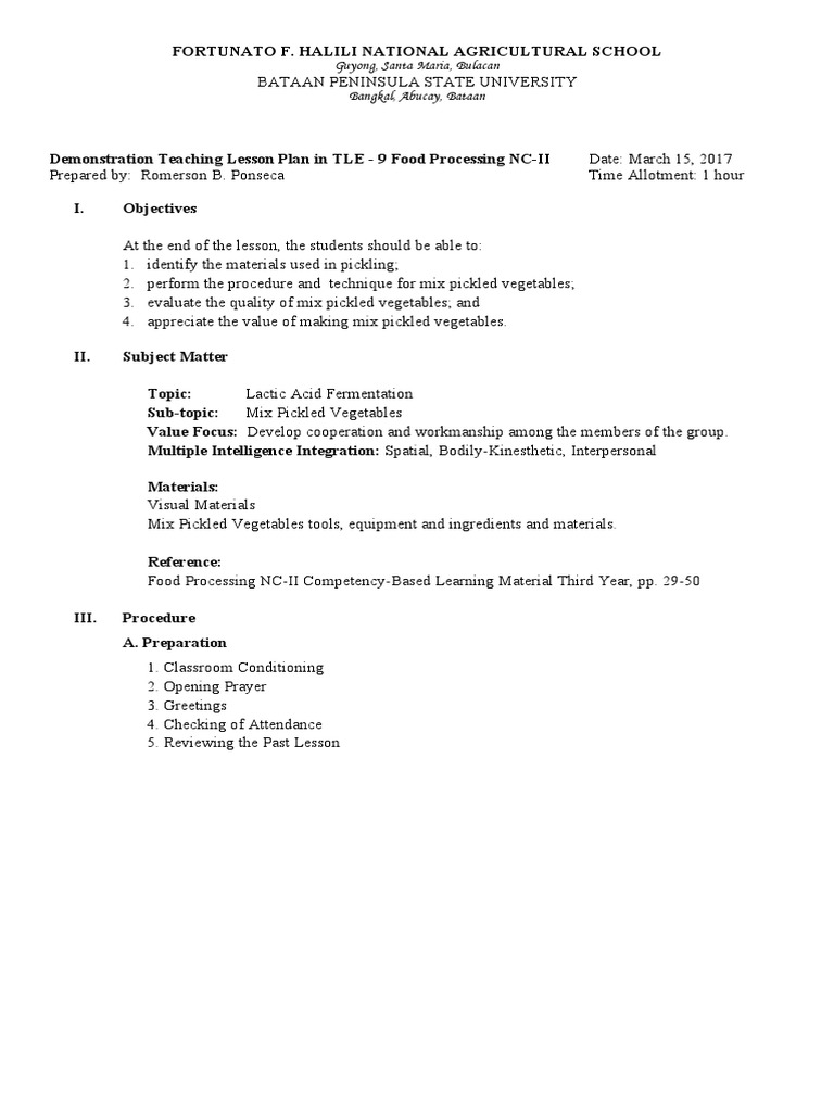 Lesson Plan in TLE 9 Food Processing NCII Romerson Ponseca PDF