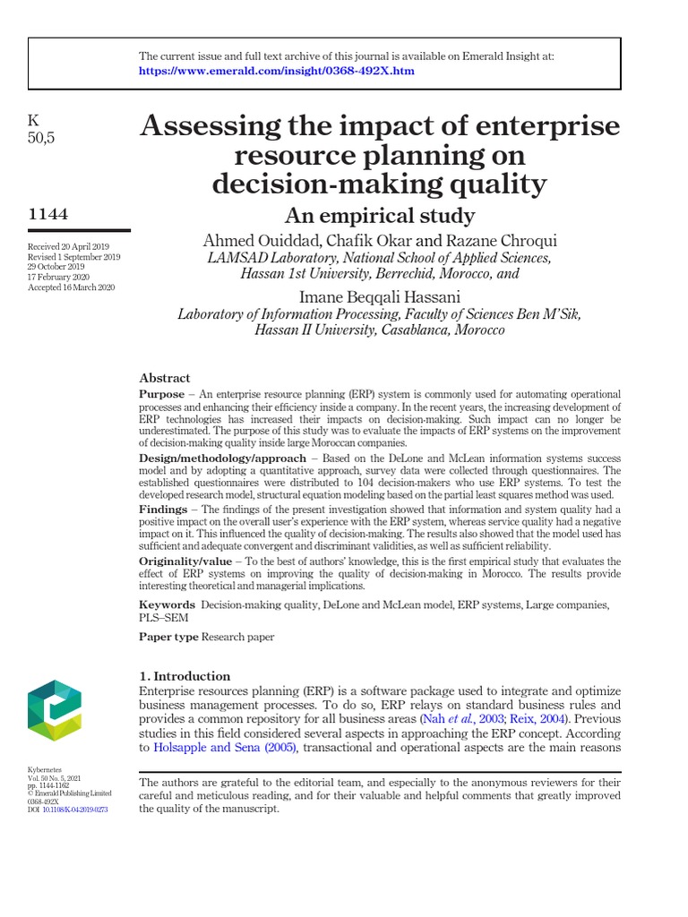 Assessing The Impact of Enterprise Resource Planning On Decision-Making ...