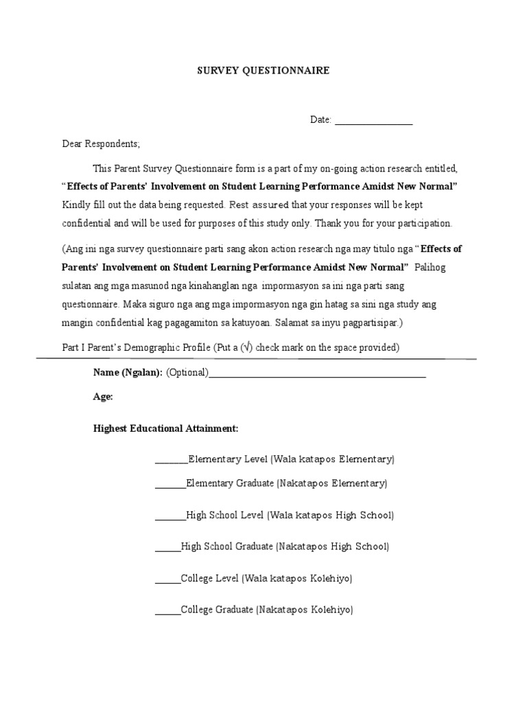 Parent Involvement Survey Questionnaire | PDF | Childhood | Child ...
