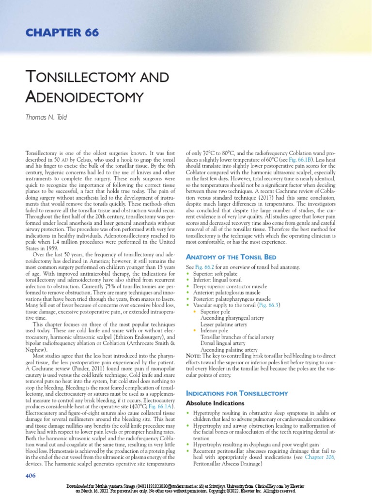 Onsillectomy and Denoidectomy: Thomas N. Told | PDF | Surgery | Medical ...