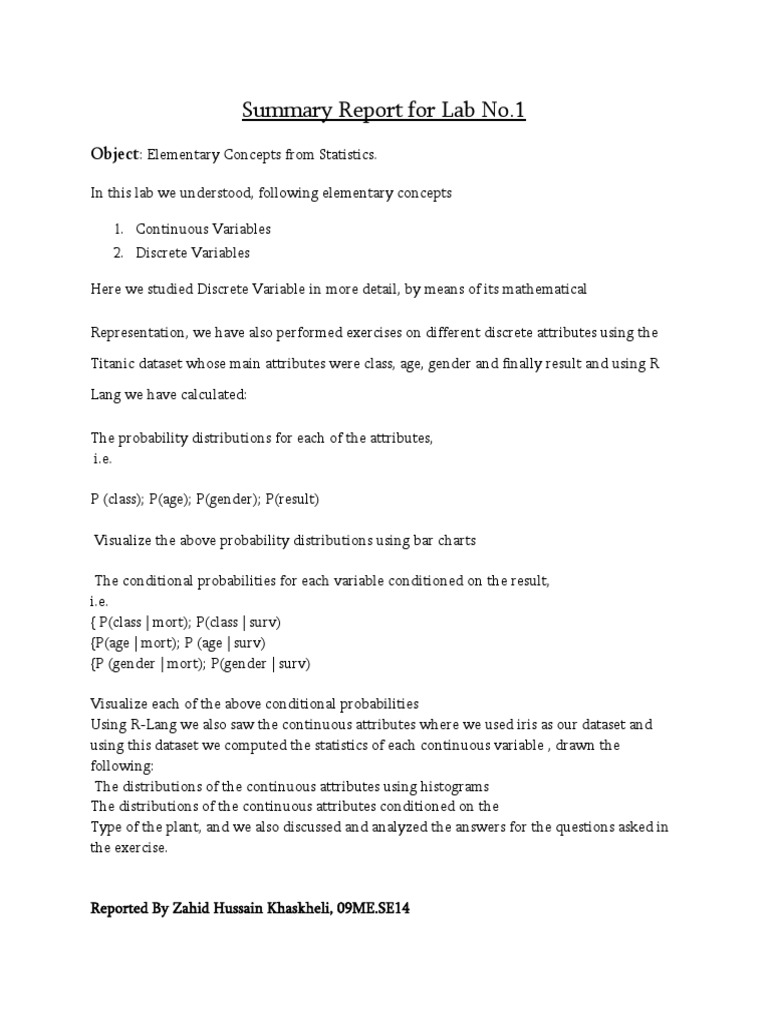 Statistics Lab Report: Variables & Distributions | PDF