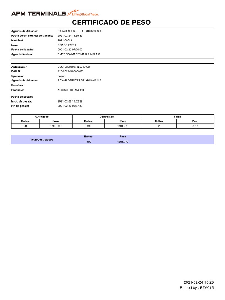 Certificado de Peso Apm Chemtrade 4817 BL3 | PDF