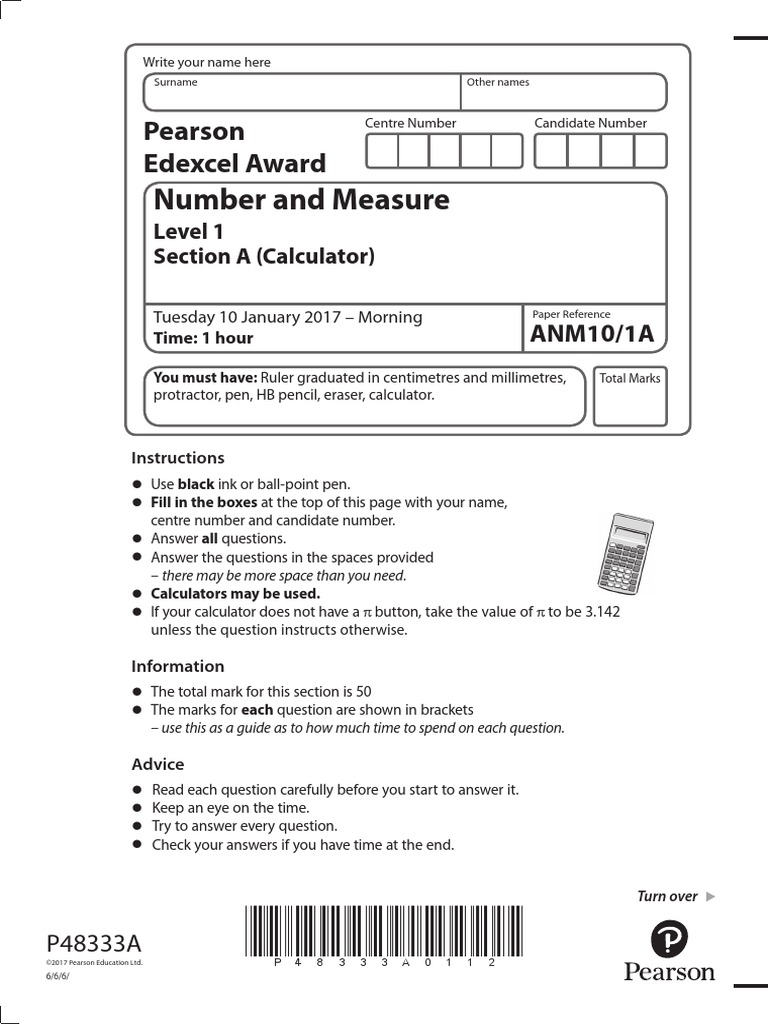 Number and Measure Pearson Edexcel Award PDF Area