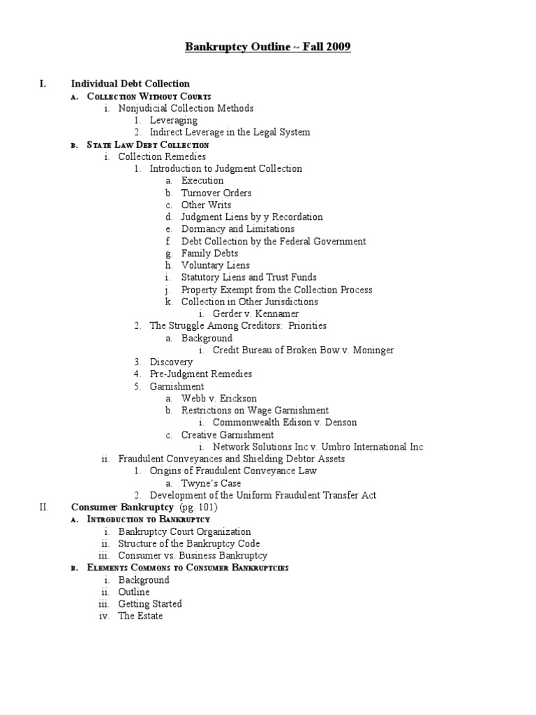 Bankruptcy Outline | PDF | Chapter 11 | Bankruptcy