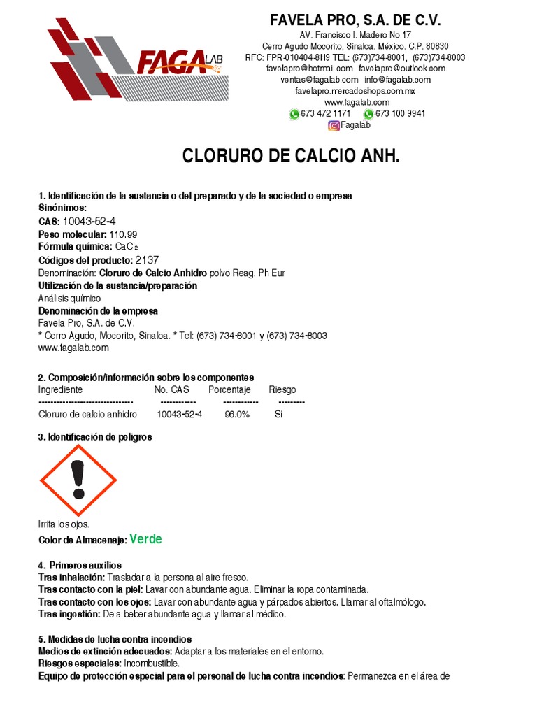 Hoja de Seguridad Cloruro de Calcio