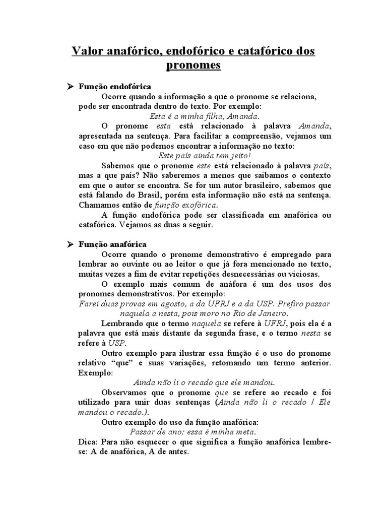 Funções de Pronomes: Anafórica e Catafórica | PDF | Economias | Pronome