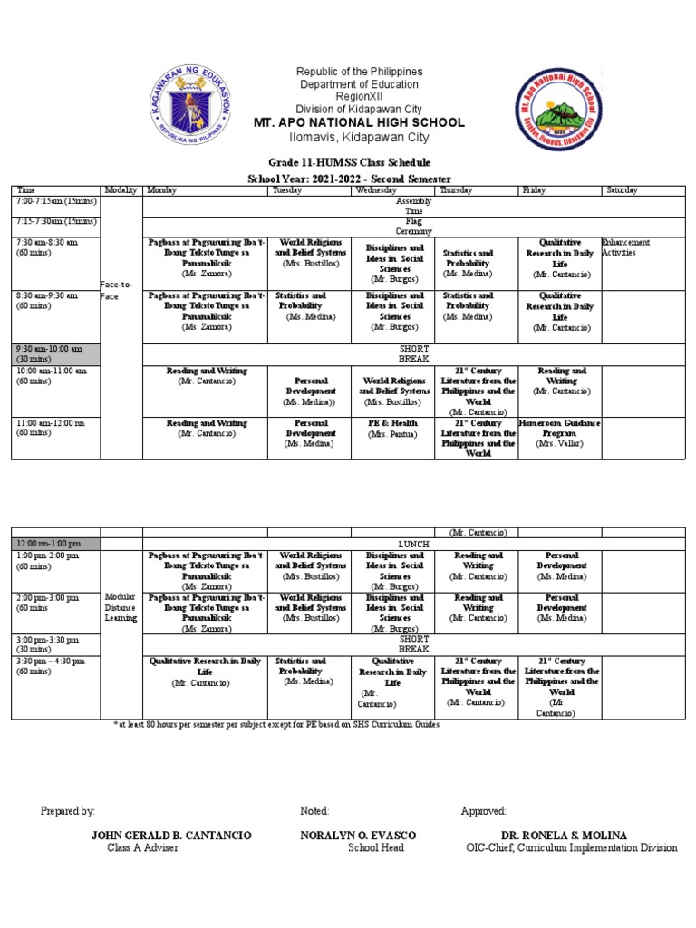 Grade 11 & 12 HUMSS Schedule | PDF