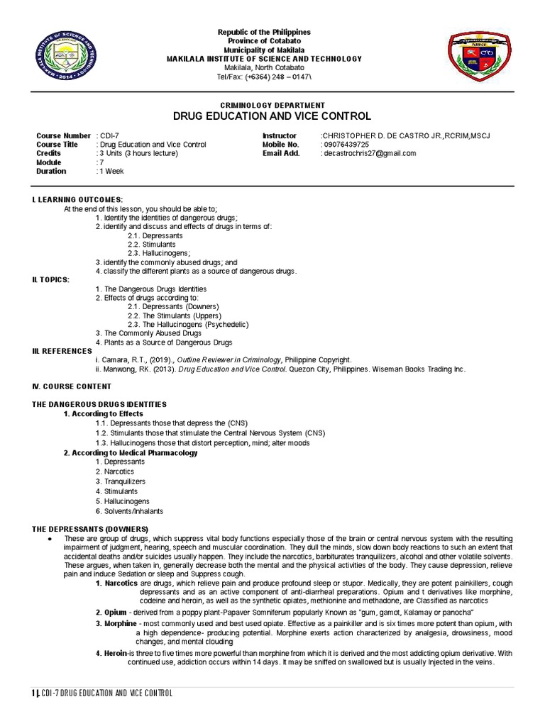 1 - Cdi-7 Drug Education and Vice Control | PDF | Morphine | Drugs