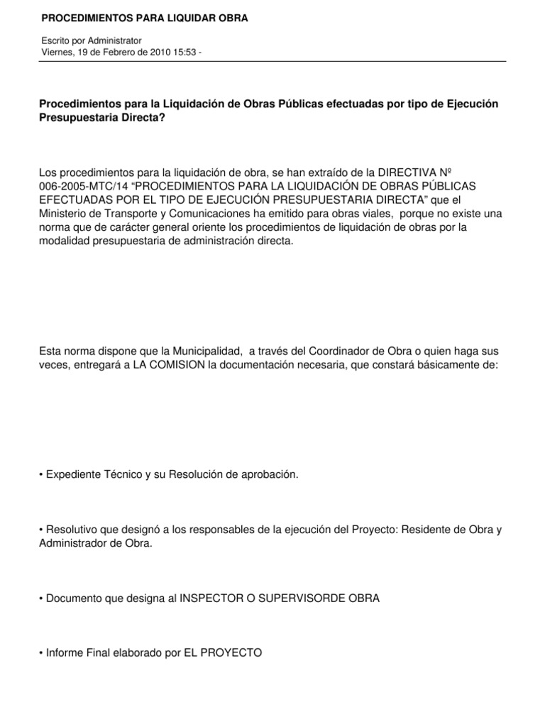 Procedimientos para Liquidar Obras Públicas | PDF | Finanzas y dinero