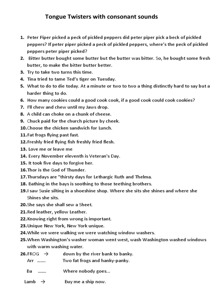 Tongue Twisters With Consonant Sounds | PDF | Cooking, Food & Wine