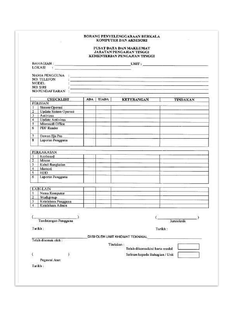 Borang Penyelenggaraan Dan Senarai Semak Komputer | PDF