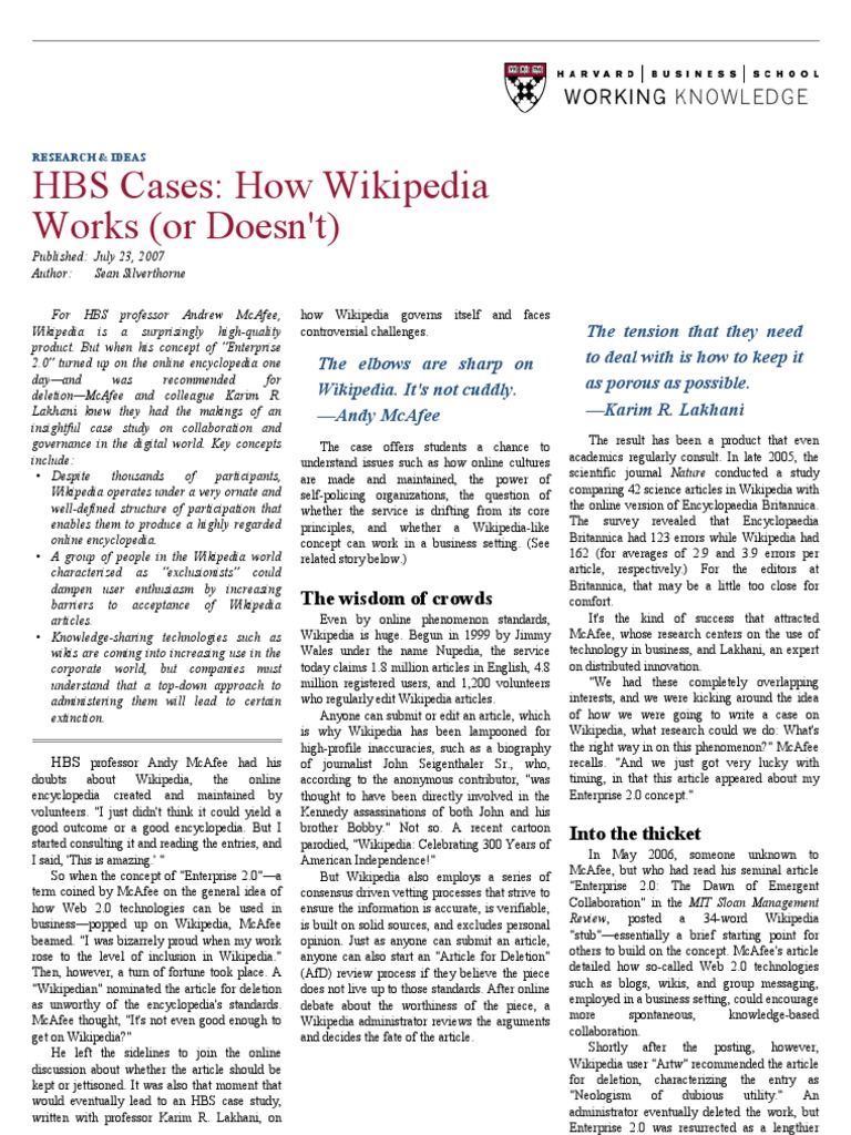 HBS Cases: How Wikipedia Works (Or Doesn't) | PDF | Computers